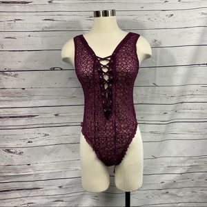 VS Sheer Maroon Lace Bodysuit‎